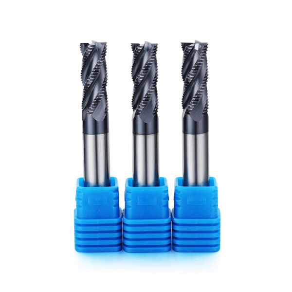Solid carbide roughing end mill with serrated cutting edges