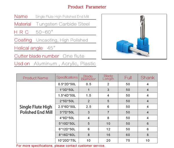 ZHY Carbide Single Flute Mirror End Mill For Aluminum Alloy Size List