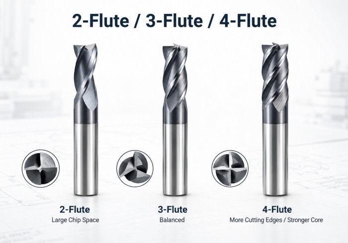 2-flute vs 3-flute vs 4-flute end mill chip space and core comparison