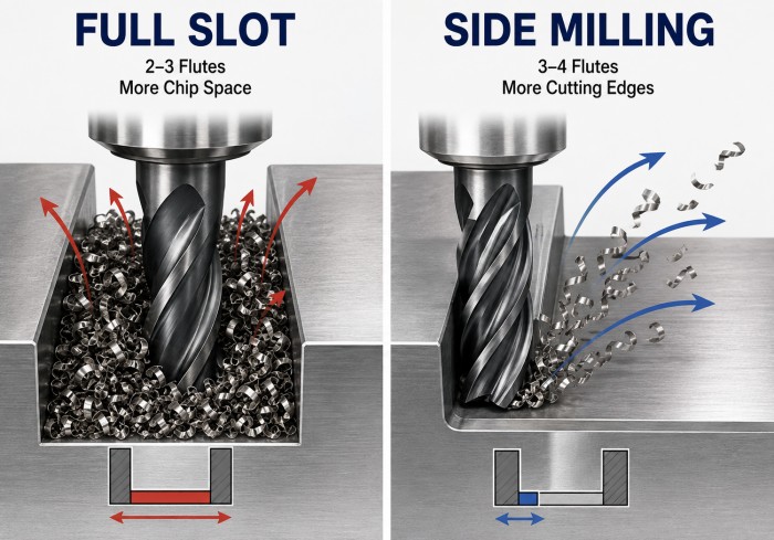 Full-slot milling vs side milling flute count selection