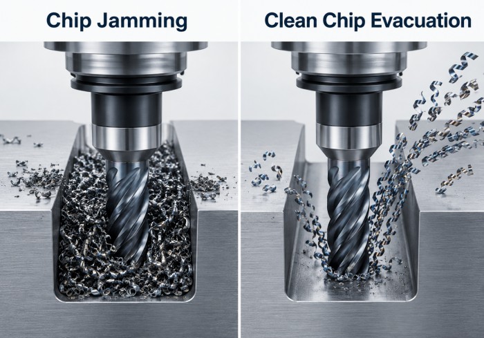 Chip jamming vs proper chip evacuation in end milling