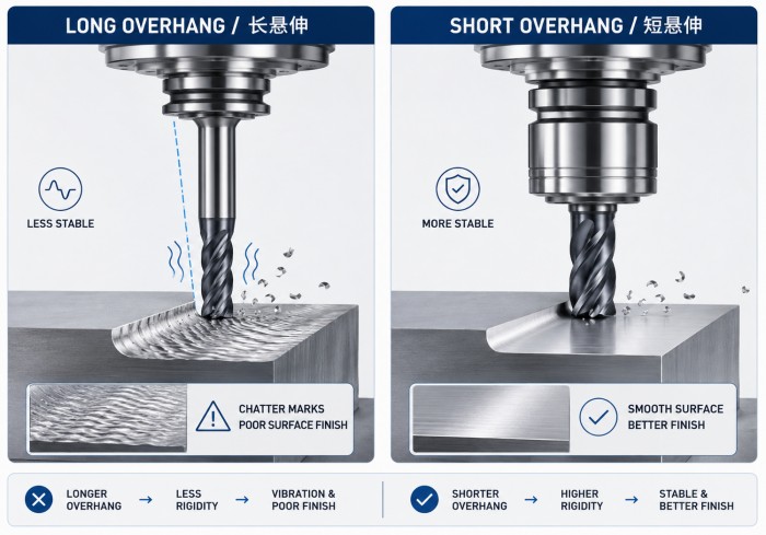 Effect of tool overhang on end mill chatter and machining stability