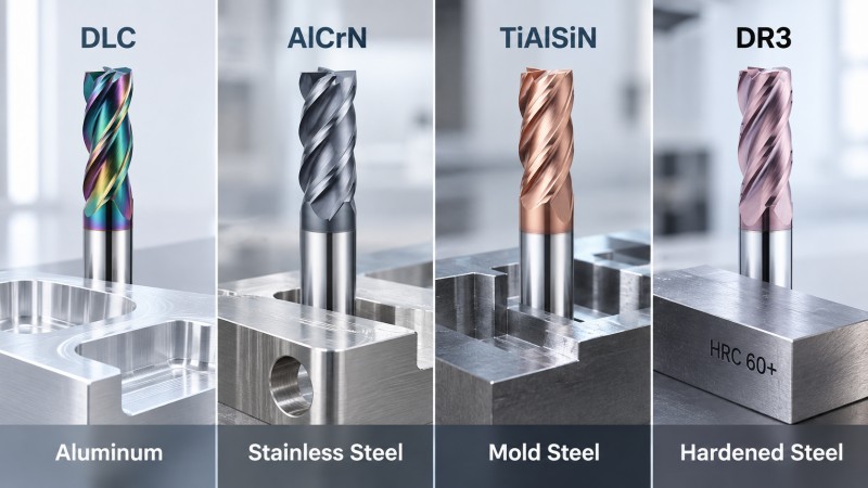 End mill coating selection for aluminum stainless mold steel and hardened steel