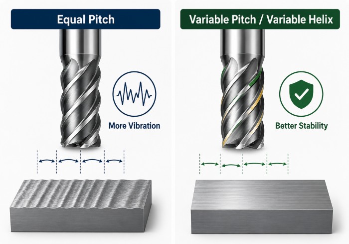 Equal pitch vs variable pitch and variable helix end mills for vibration control