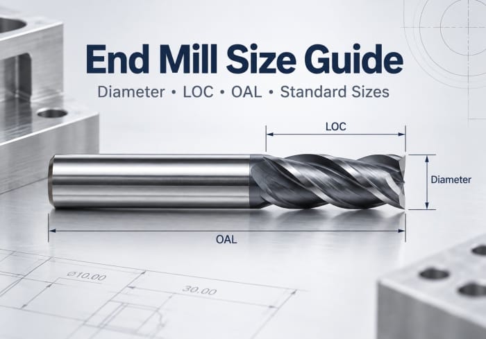 End mill size guide showing diameter cutting length and overall length