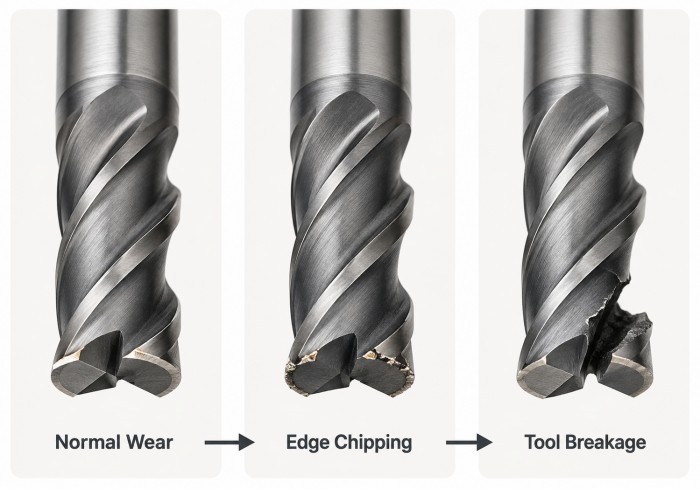 End mill wear progression from edge chipping to tool breakage