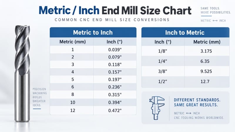 Metric and inch end mill size chart for CNC milling
