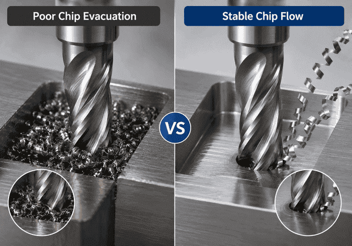 Poor chip evacuation vs stable chip flow in stainless steel milling