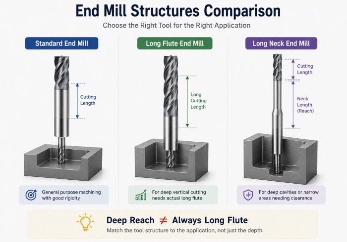 standard long flute and long neck carbide end mill comparison