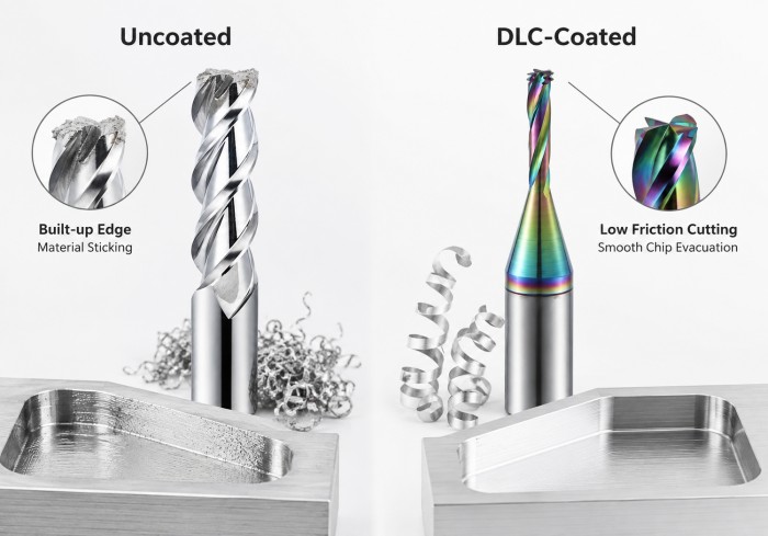 Uncoated vs DLC coated carbide end mill for aluminum machining