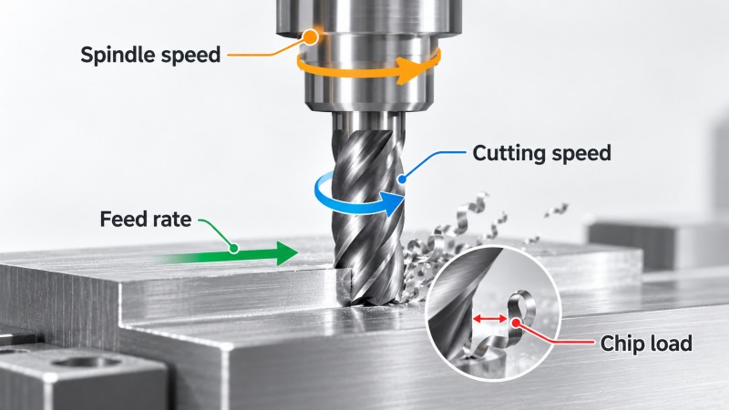 Carbide end mill cutting parameters including spindle speed feed rate and chip load