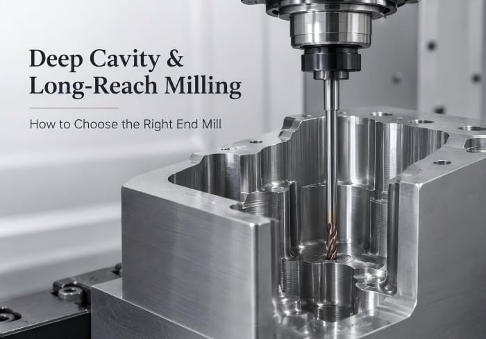 Carbide end mill for deep cavity and long-reach CNC milling