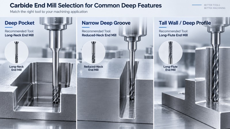 Carbide end mill selection for deep pockets grooves and tall walls