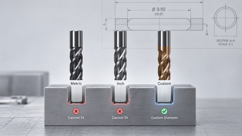 Custom carbide end mill diameter for special metric and inch machining requirements
