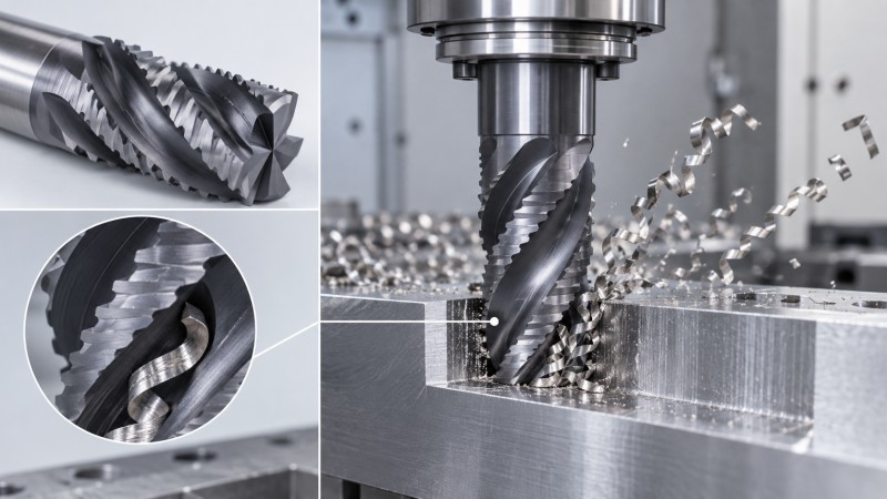 Roughing carbide end mill with large chip space for high material removal