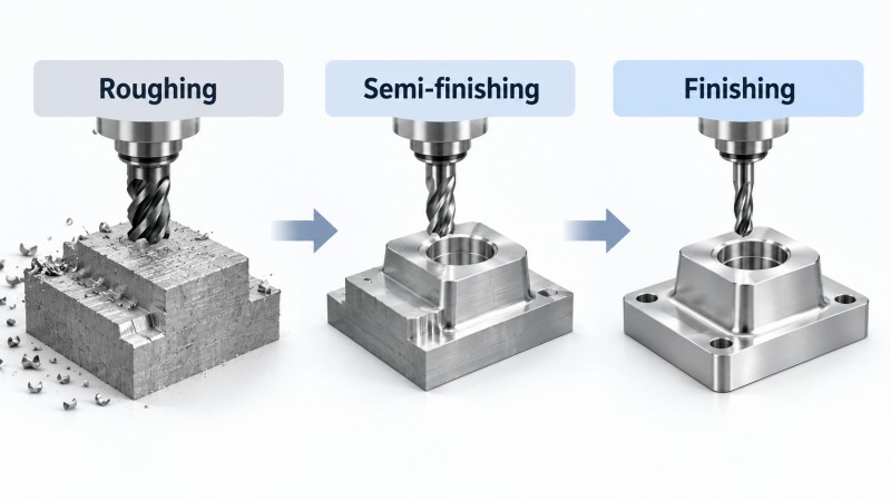 Roughing semi-finishing and finishing stages in CNC machining process