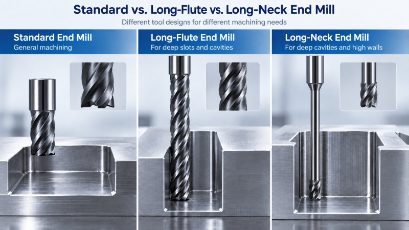 Standard long flute and long neck carbide end mills for deep milling