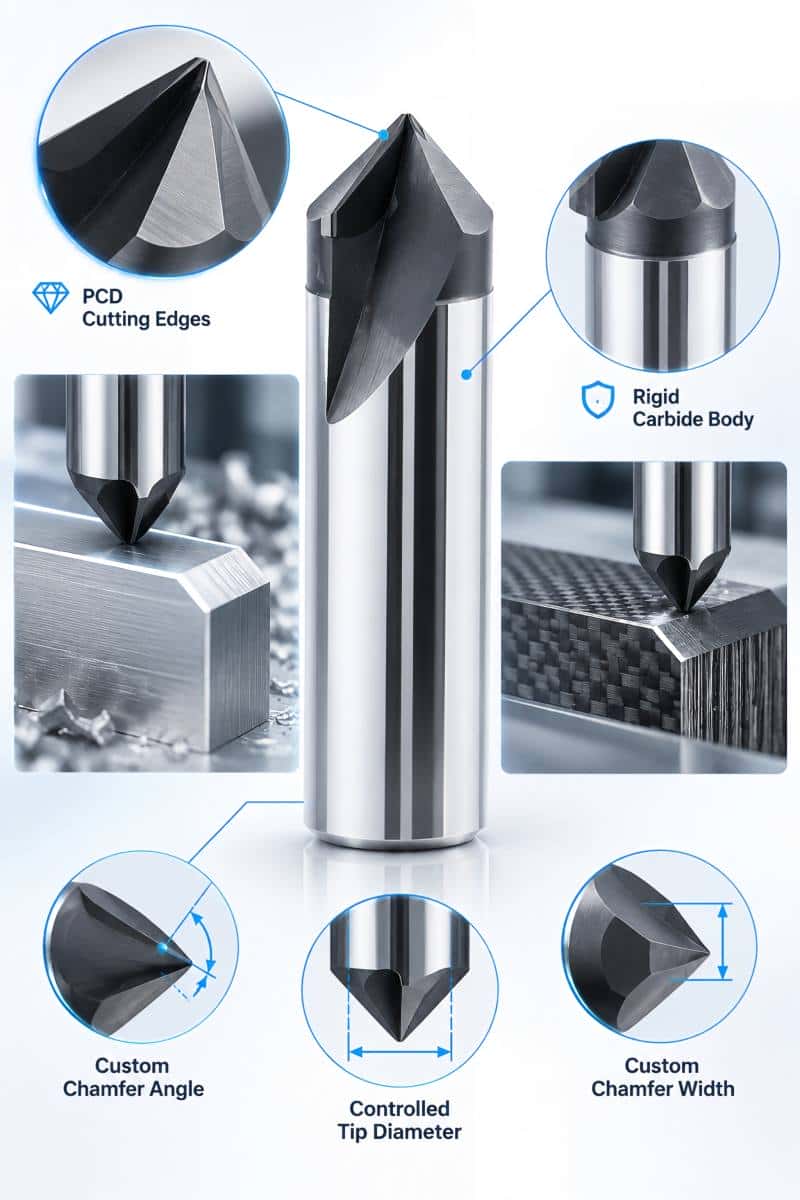 PCD chamfer cutter geometry for aluminum and composite machining