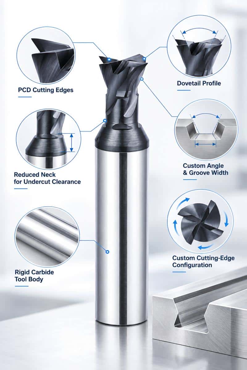 PCD dovetail end mill geometry and undercut clearance